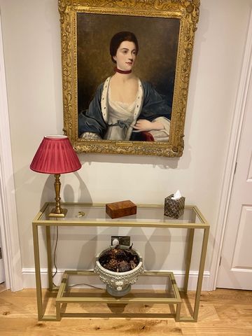 Customer photo review of Glass Metal Console Table Matte Gold Frame