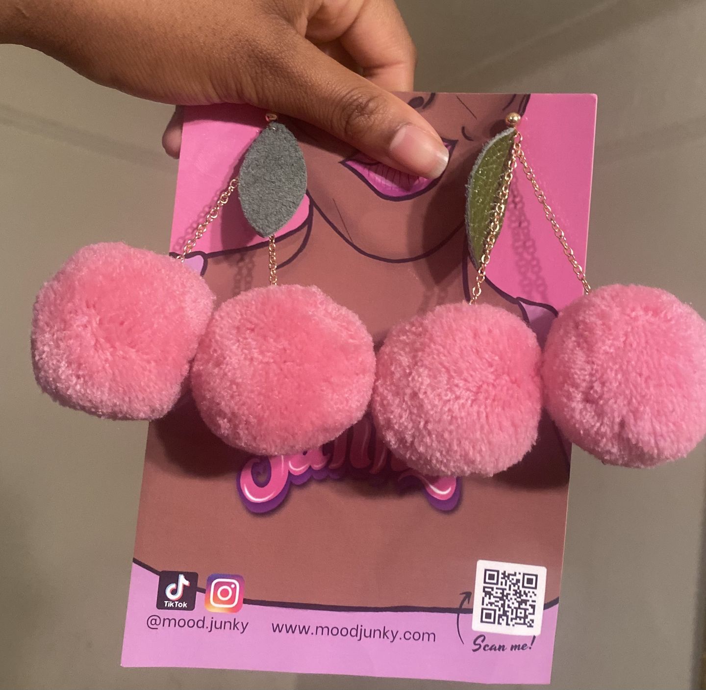Customer photo review of Mood Junky Cherry Pom Pom Earrings