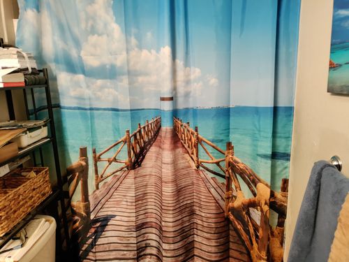 Customer photo review of Tropical Boardwalk Fabric Shower Curtain