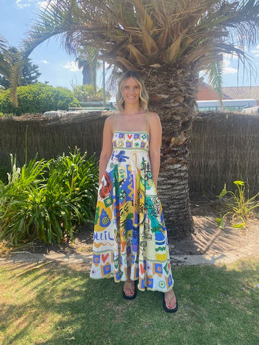 Customer photo review of Joyful Glow Goddess Linen Blend Unique Print Pocketed Smocked Back Midi Dress