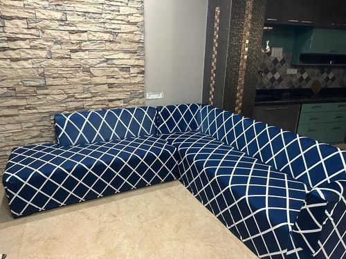 Customer photo review of Navy Blue checks Elastic L-Shape Sofa Slipcovers