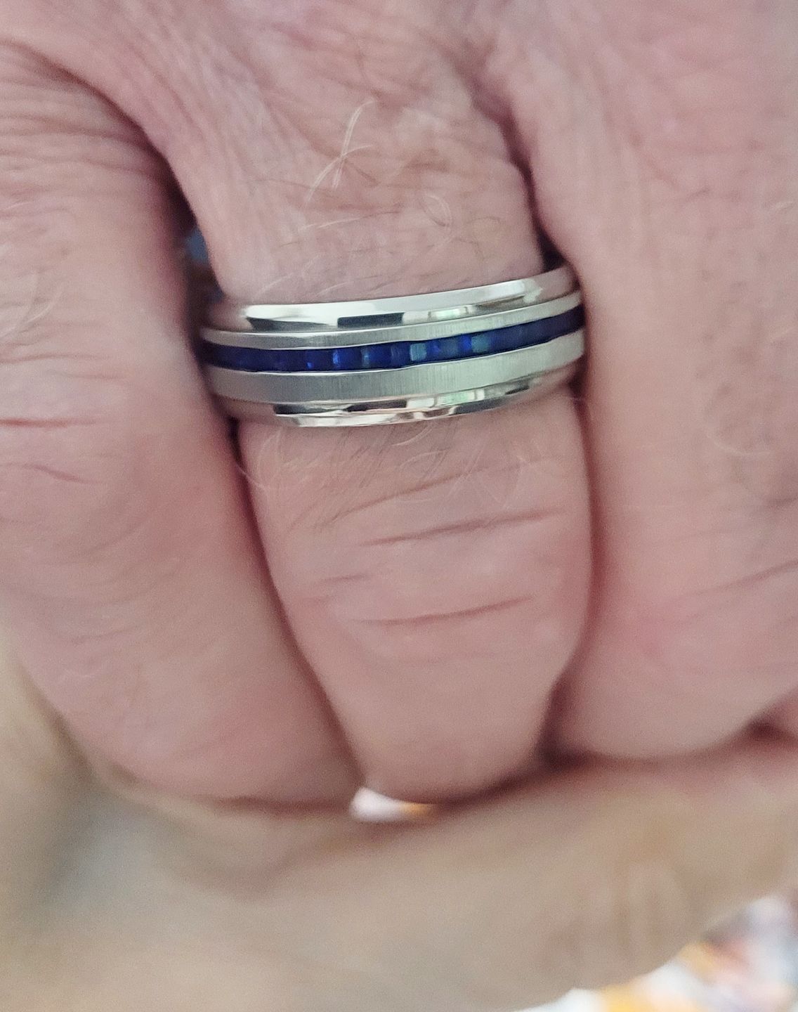 Customer photo review of 8mm - Mens Titanium Wedding Band With Blue Sapphire Titanium Ring