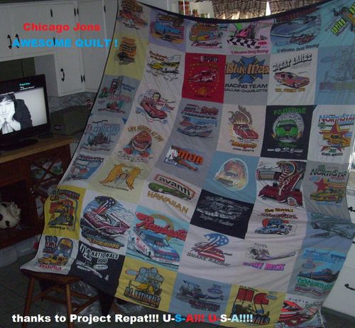 T-shirt quilt with racing, automobiles themes by John from IL