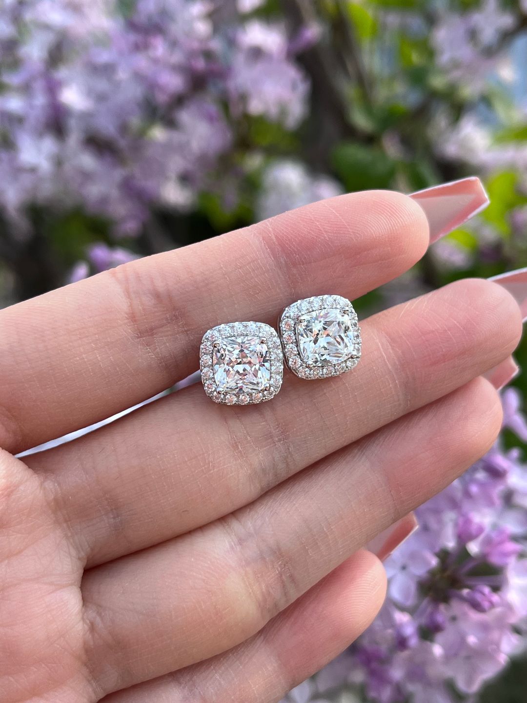 Customer photo review of Louily Stunning Halo Cushion Cut Women's Earrings In Sterling Silver