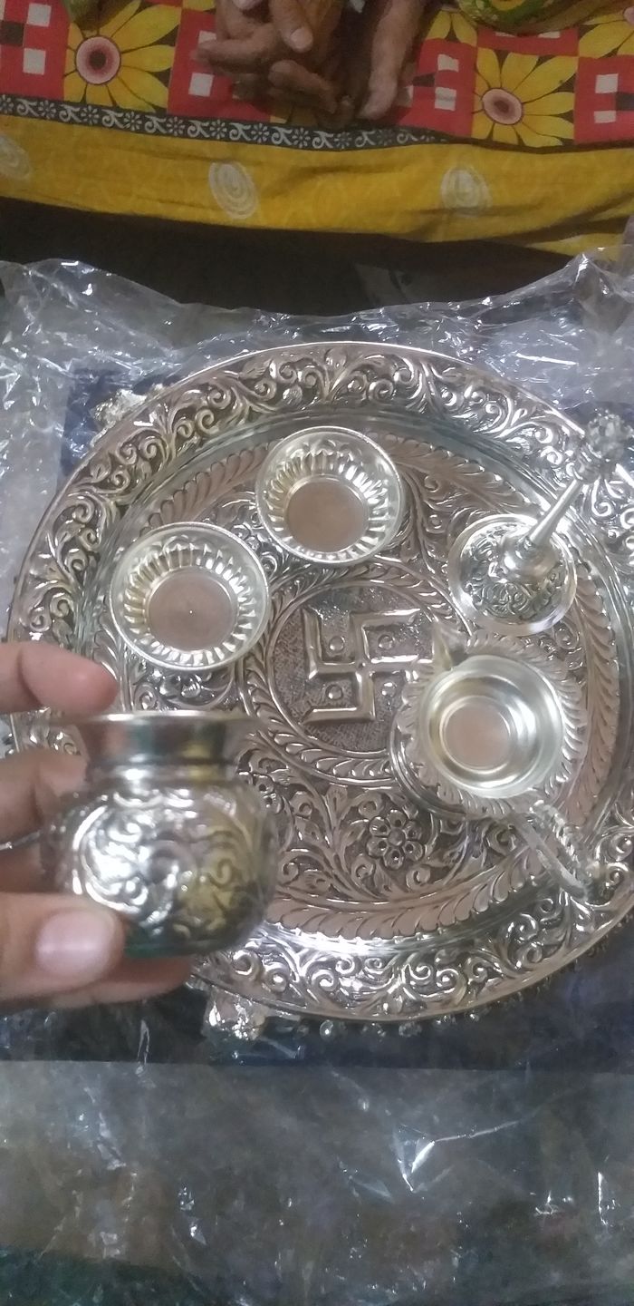 Customer photo review of Intricately Designed Silver Pooja Thali Set with Elephant Trunk Shaped Stand