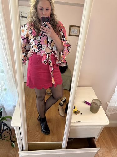 Customer photo review of Hot Pink Corduroy Campus Mini Skirt