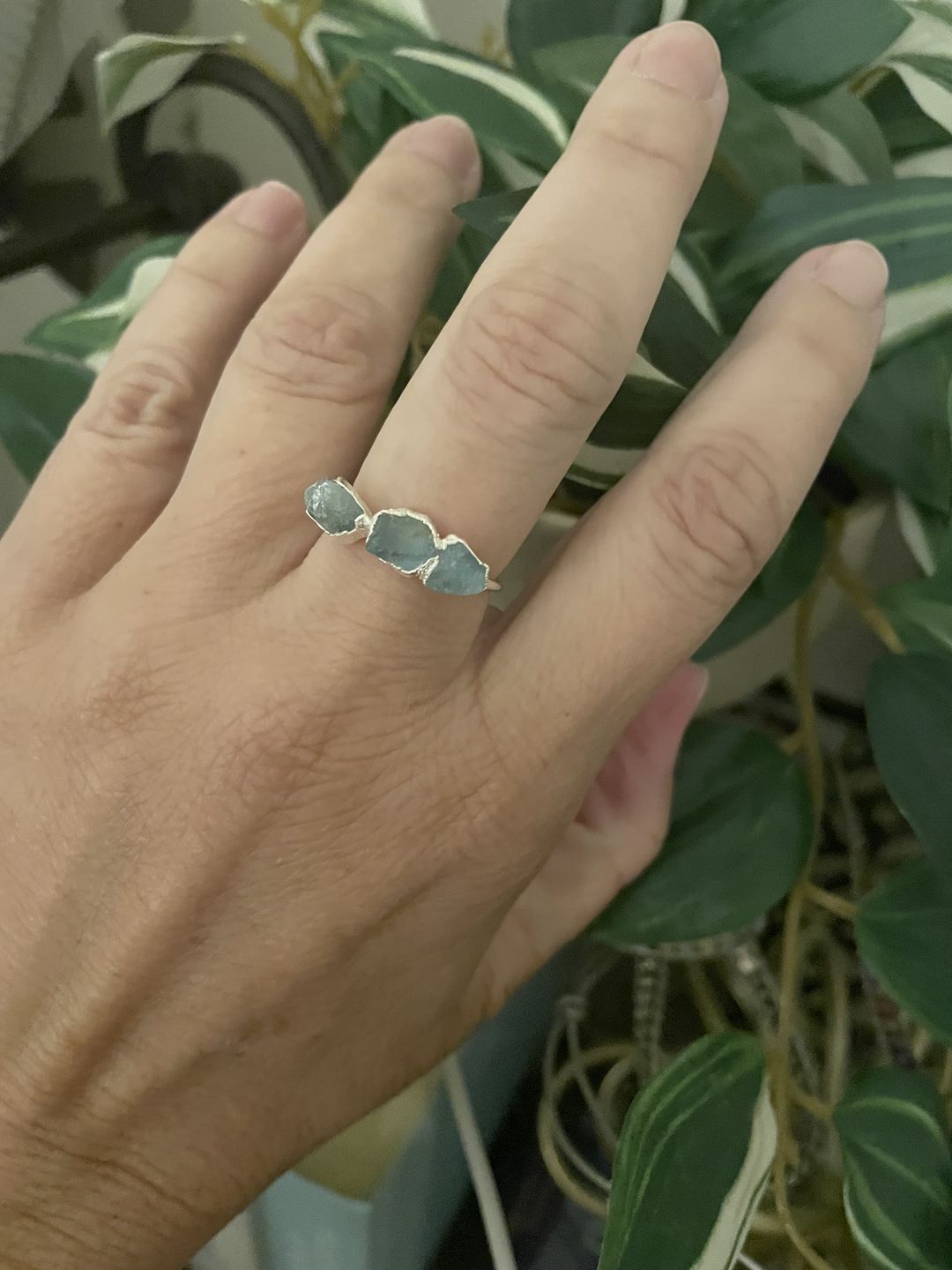 Customer photo review of Three Stone Raw Aquamarine Ring Sterling Silver