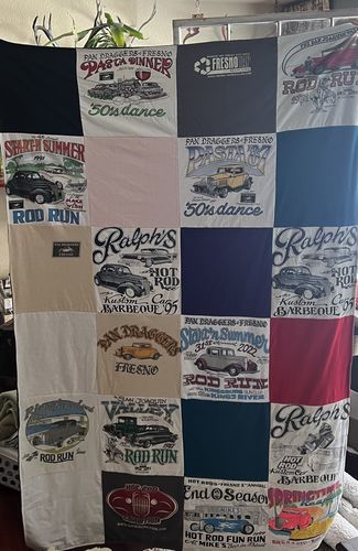 T-shirt quilt with classic cars, car shows themes by Teri from AK