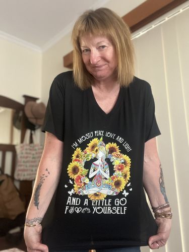 Customer photo review of Mostly Peace, Love & Light Sunflowers V Neck T-shirt- Black