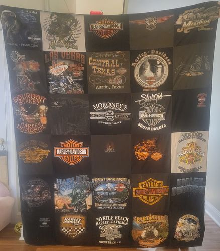 T-shirt quilt with motorcycling, traveling themes by Fred from NJ