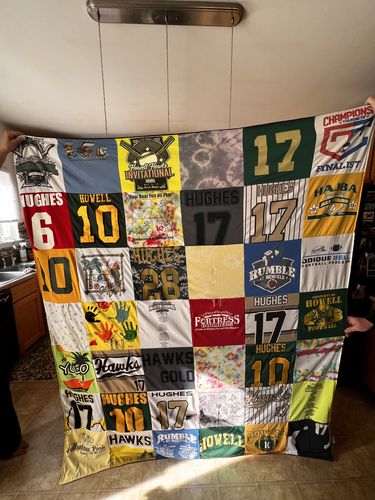 T-shirt quilt featuring hughes hawks, howell hawks by Leah from MI