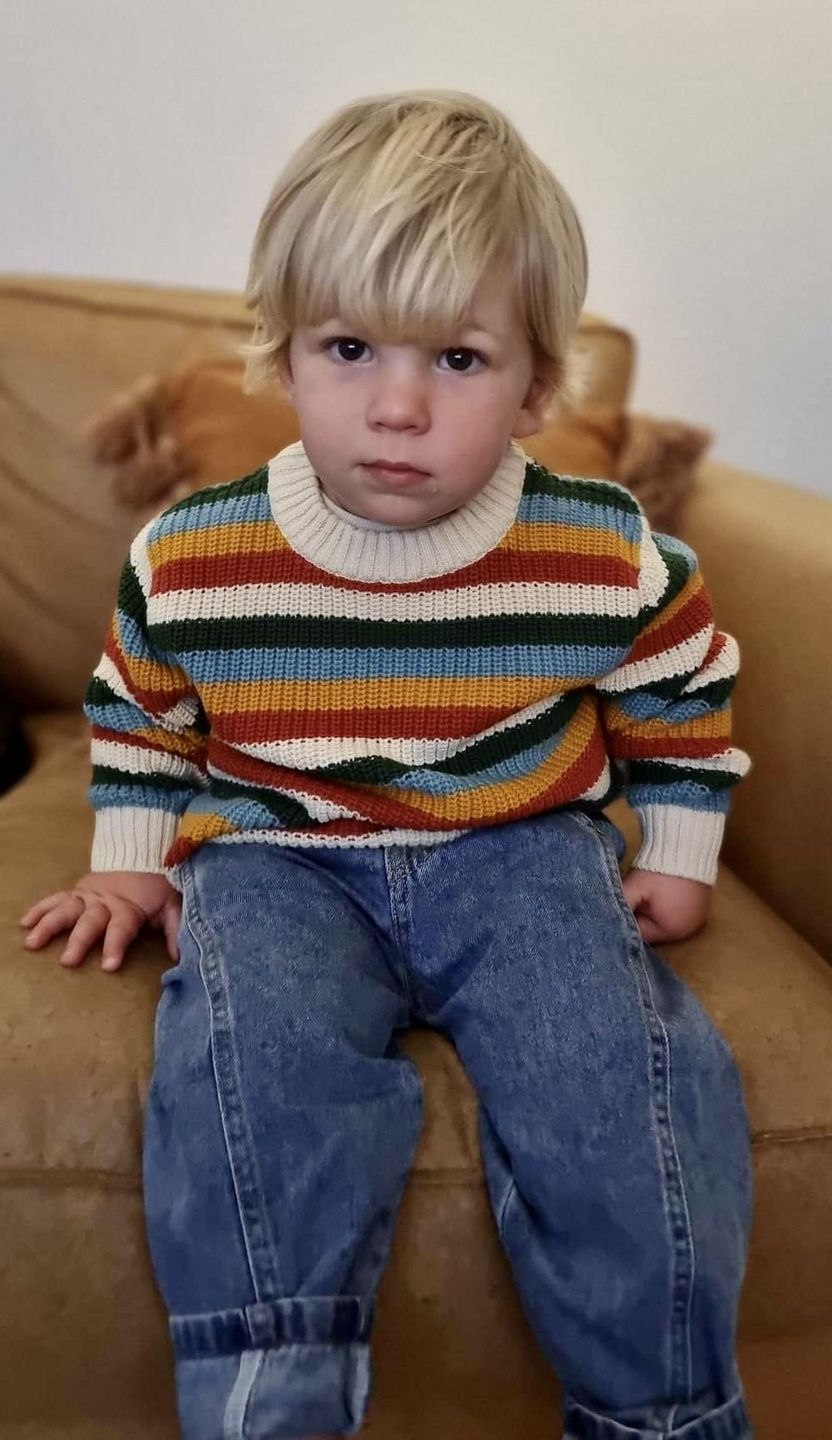 Customer photo review of From One To Another Rainbow Striped Snuggly Knitted Jumper