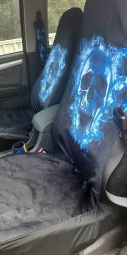 Customer photo review of Blue Flaming Skull Print Universal Fit Car Seat Covers