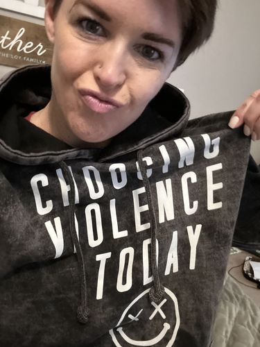 Customer photo review of Salty Savage Unisex “CHOOSING VIOLENCE” Vintage Washed Hooded Sweatshirt | In Your Face | Vintage Black