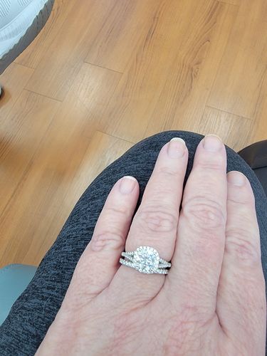 Customer photo review of Moissanite Split Shank Square Halo Pave Sterling Silver Wedding Ring