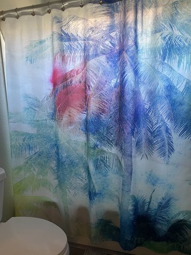 Customer photo review of Tie Dye Palms Fabric Shower Curtain