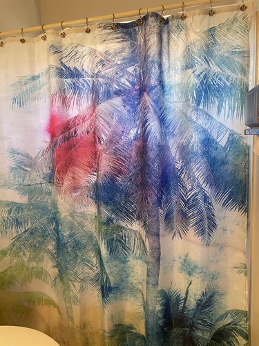 Customer photo review of Tie Dye Palms Fabric Shower Curtain