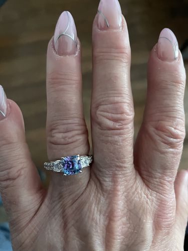 Customer photo review of 3-Stone Kaleidoscope Purple Aqua CZ Ring in Sterling Silver 2ct