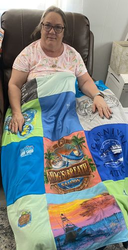 T-shirt quilt with sailing, beach life themes by Robin from FL