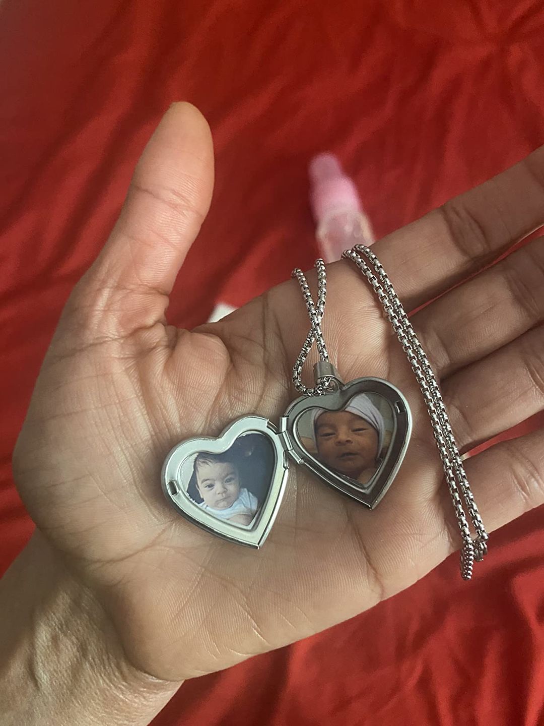 Customer photo review of Personalized Heart Locket Necklace That Holds Pictures Memory Photo Lockets Custom Photo Name Dasiy Heart Necklace