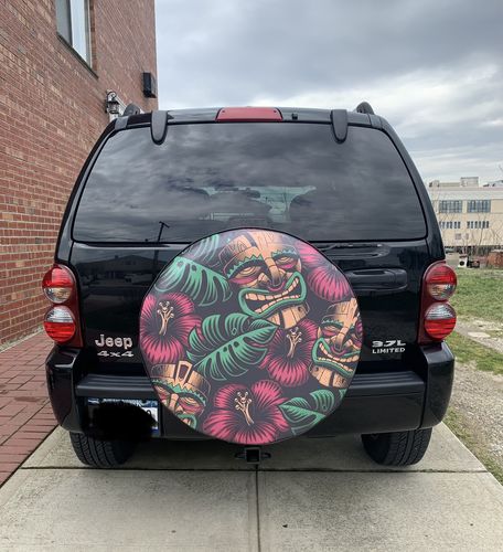Customer photo review of Tiki Mask Tropical Flowers Creative Spare Tire Cover | Jeep, RV, Camper, Bronco, & More