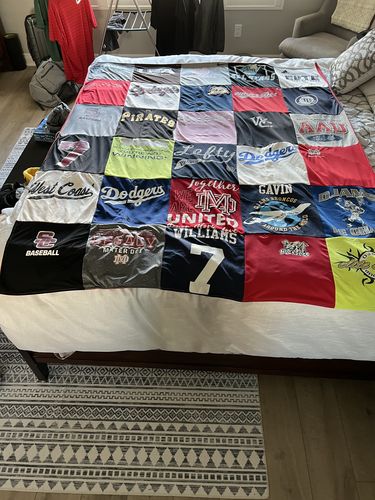 T-shirt quilt with baseball, sports themes by Kara from CA