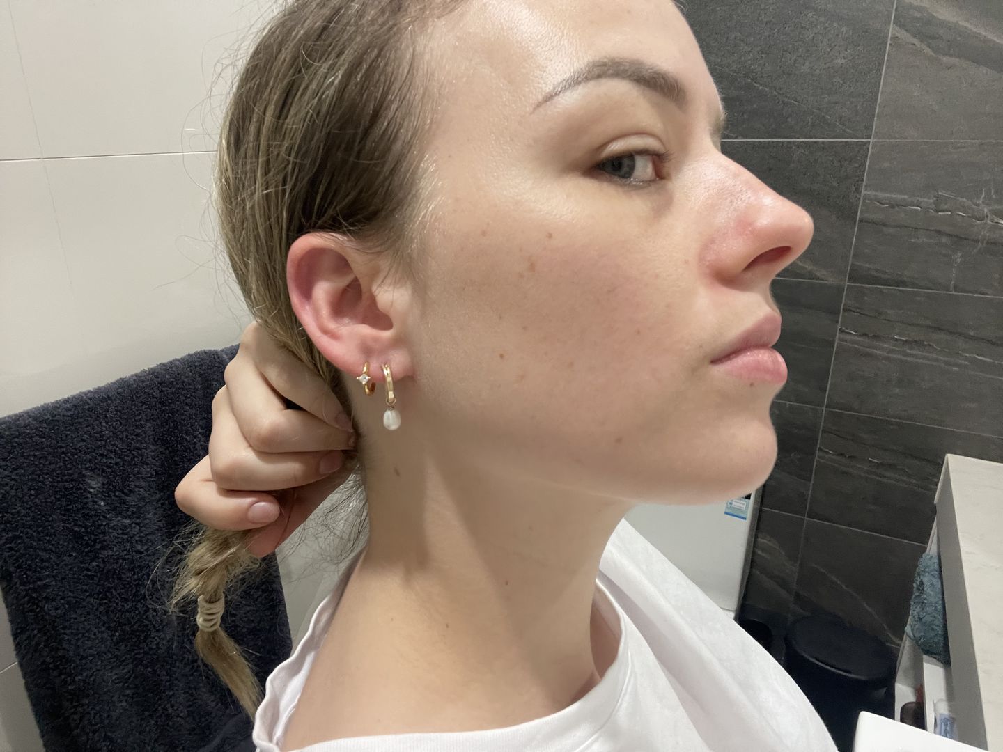 Customer photo review of Pearl Small Hoops