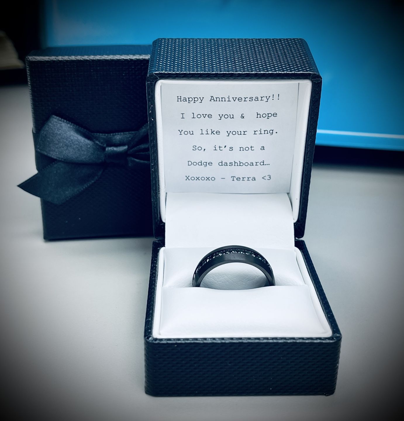 Customer photo review of 8mm Black Tungsten Wedding Band with Black Sapphires