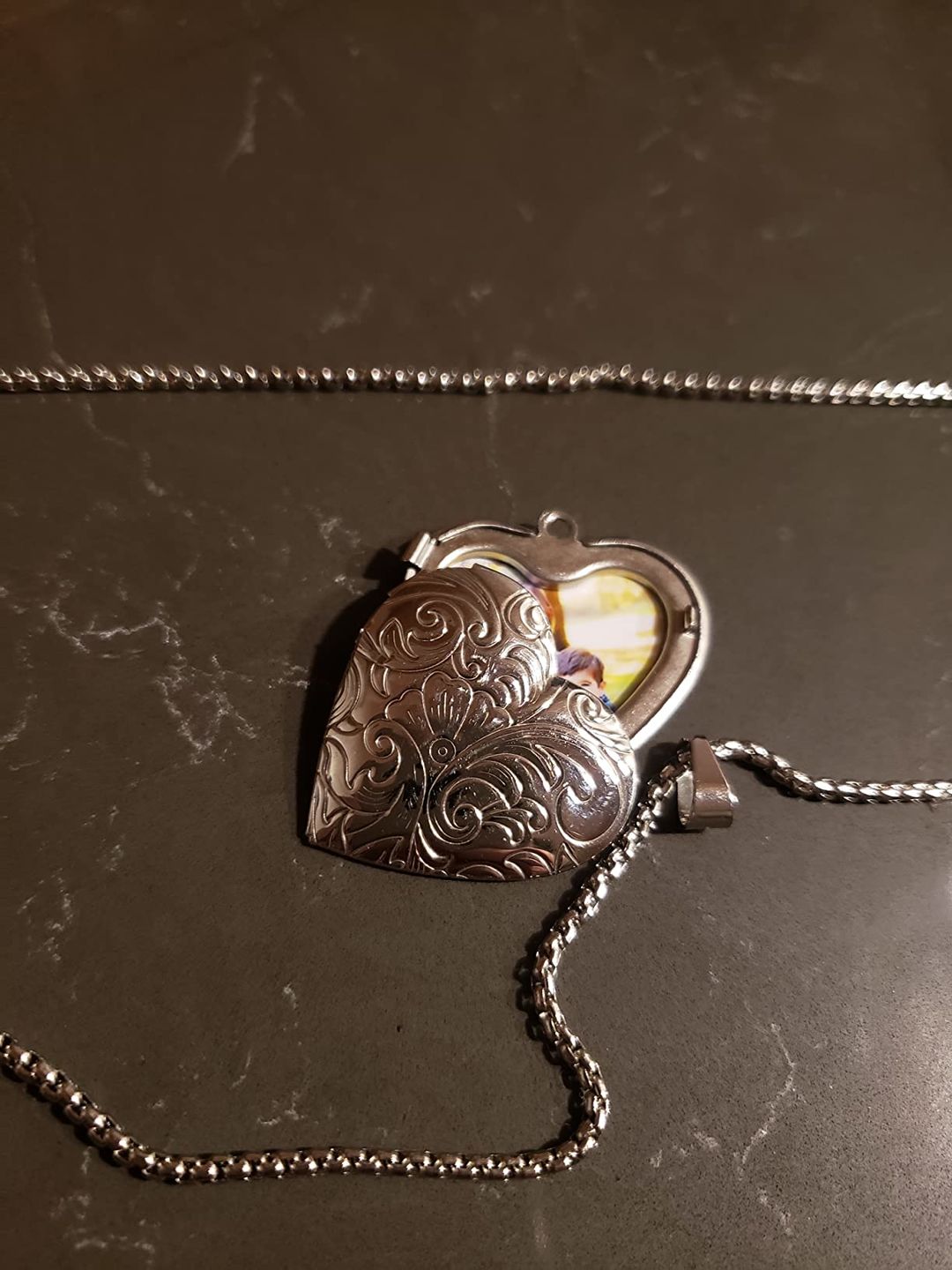 Customer photo review of Personalized Heart Locket Necklace That Holds Pictures Memory Photo Lockets Custom Photo Name Dasiy Heart Necklace