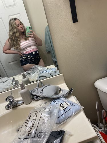 Customer photo review of The Lounger Top | Pink & White Stripes