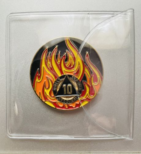 Customer photo review of 1 to 40 Year Sobriety Mint Twisted Flames Gold Plated AA Recovery Medallion/Chip/Coin - Black/Red/Orange/Yellow