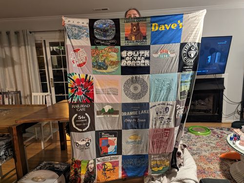 T-shirt quilt with coffee, music themes by Lorie from VA