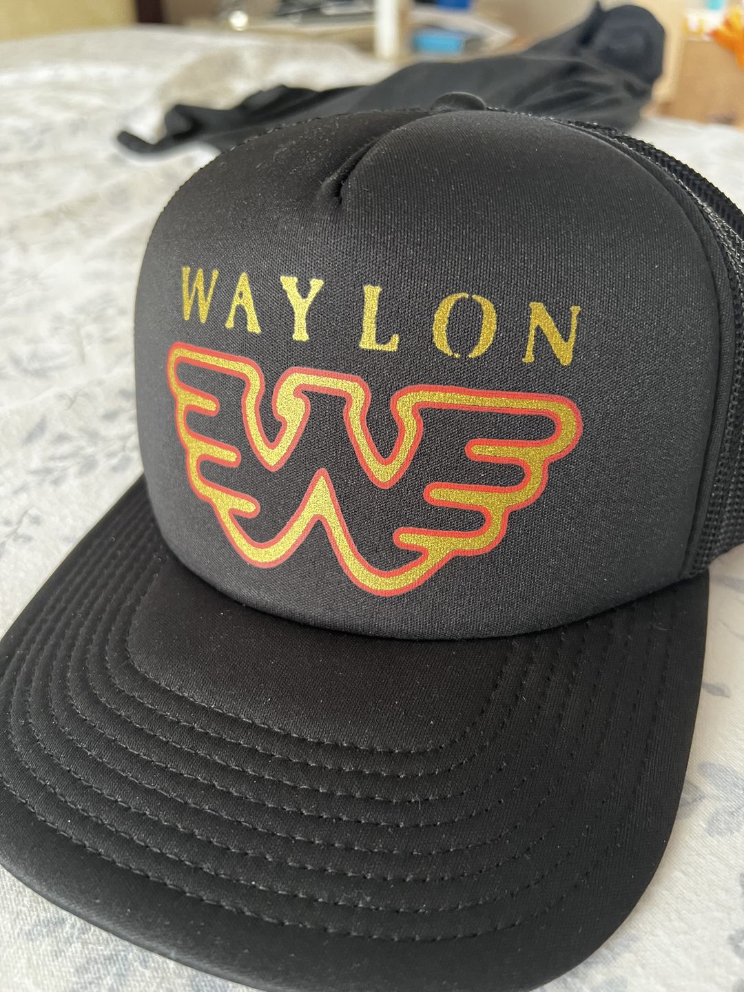 Customer photo review of Waylon Jennings Distressed Flying W Trucker Hat - Black