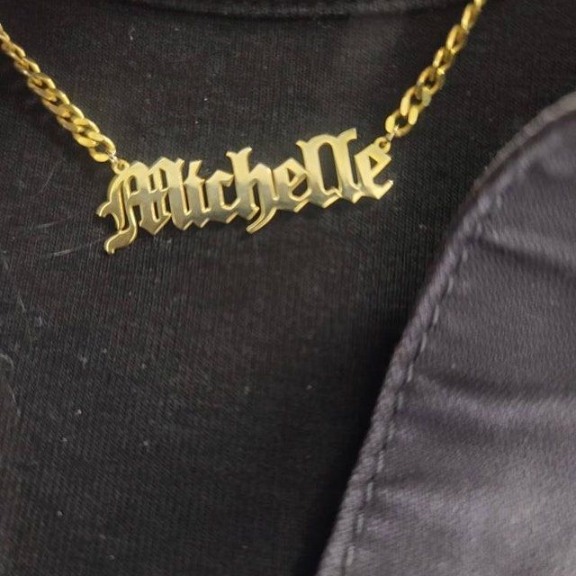 Customer photo review of Old English Nameplate Necklace