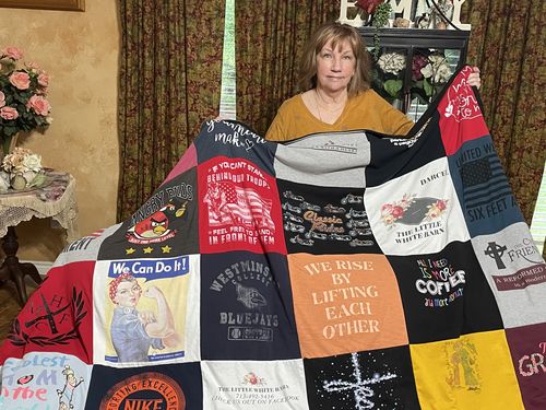 T-shirt quilt featuring westminster bluejays by Darcel from TX