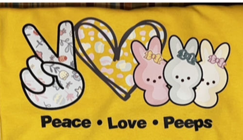 Customer photo review of Peace Love Peeps Easter DTF Heat Transfer, Easter Design
