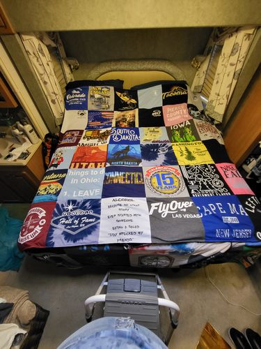 T-shirt quilt with travel, vacationing themes by Tressa from CA