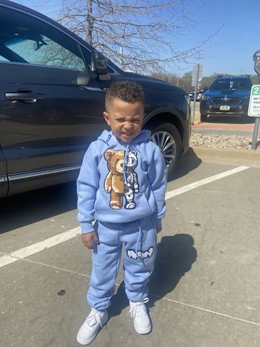 Customer photo review of Kids Teddy Robot Raw Drip White Chenille Hoodie and Jogger Set