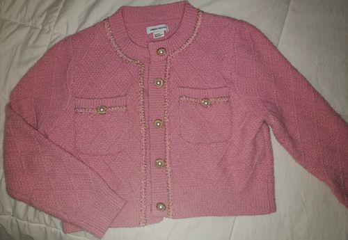 Customer photo review of Fluffy Contrast Trim Faux Pearl Button Cardigan