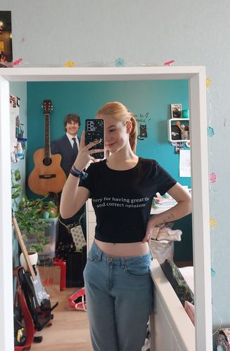Customer photo review of Great Tits & Correct Opinions Women’s Crop Top