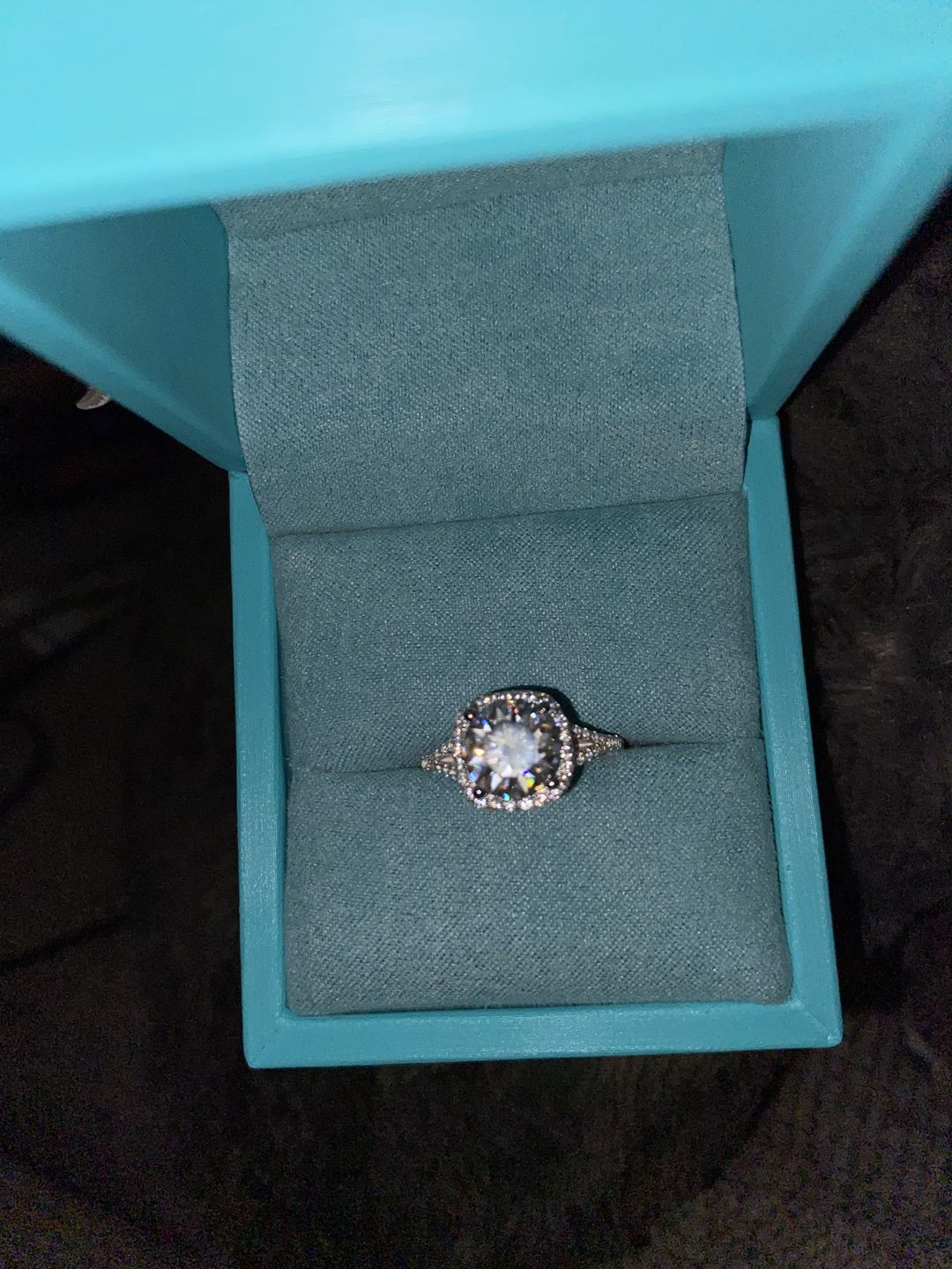 Customer photo review of Moissanite Split Shank Square Halo Pave Sterling Silver Wedding Ring