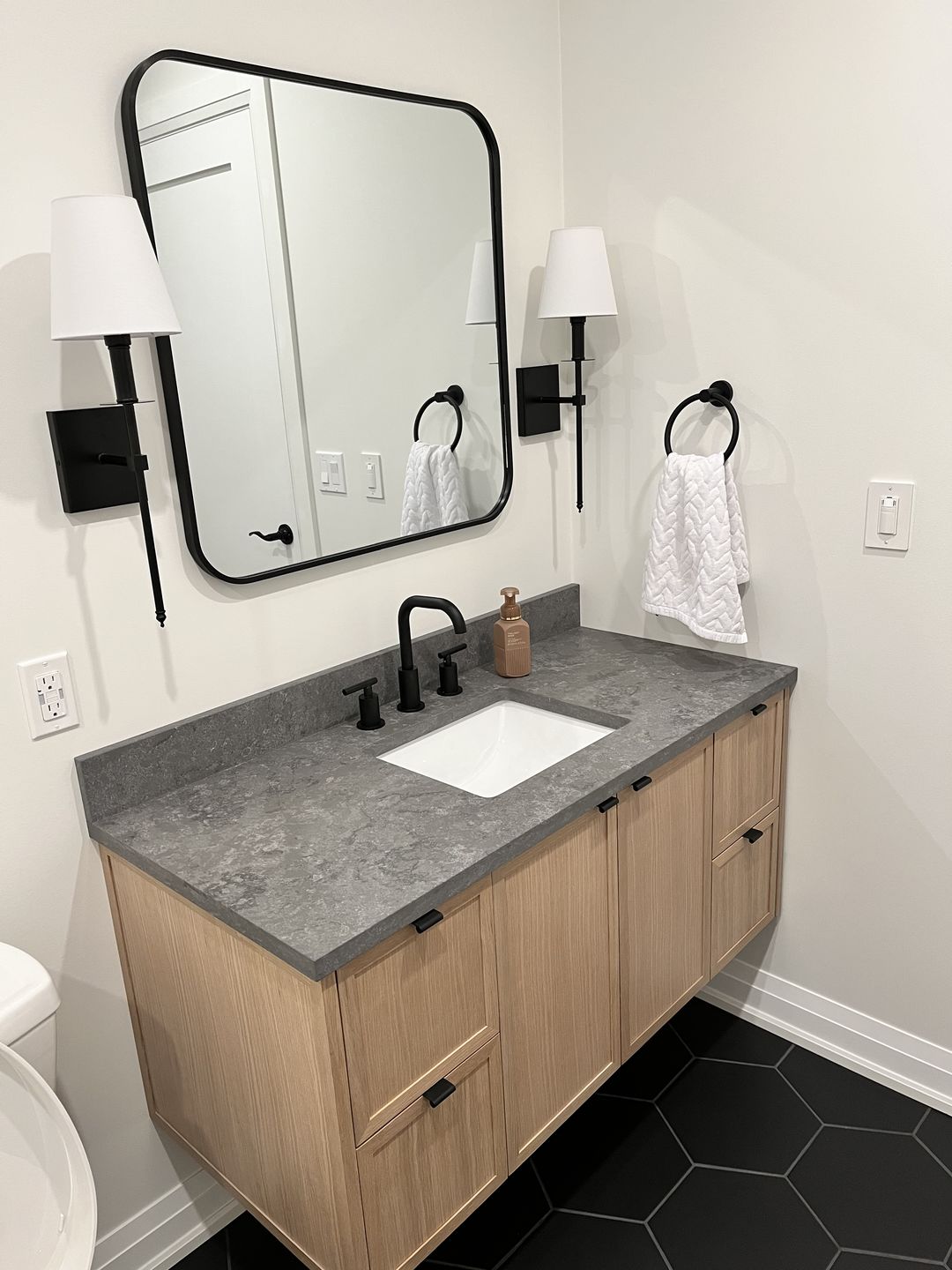 Customer photo review of Cape Breton 48" Wall Mount Mid Century Oak Bathroom Vanity