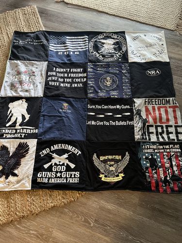T-shirt quilt with gun rights, veterans support themes by Michelle from FL