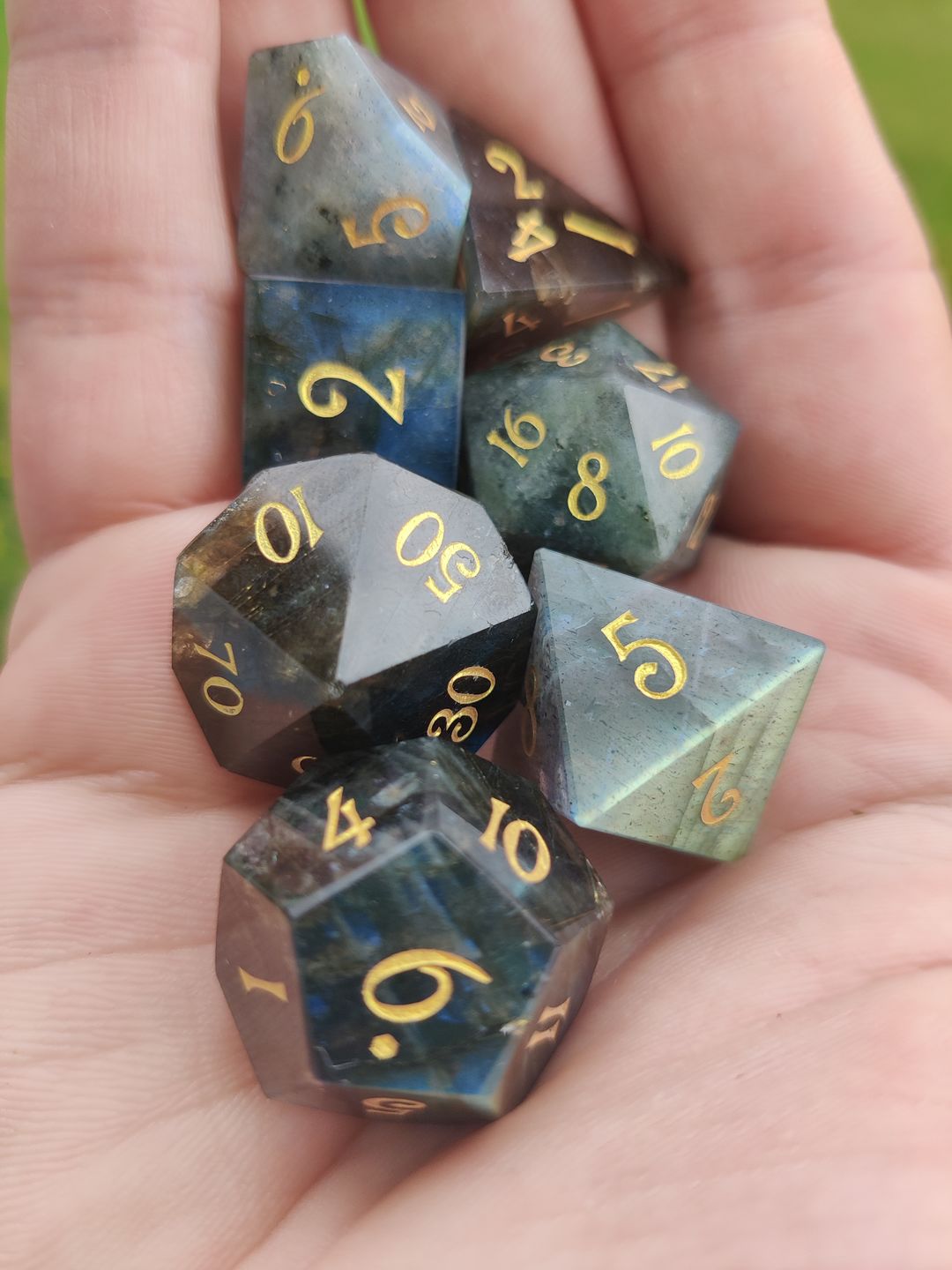 Customer photo review of URWizards D&D Labradorite Gemstone Engraved Dice Set