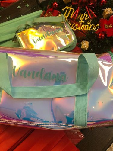 Customer photo review of HL Shiny Classic Duffle Bag Aqua With Personalization