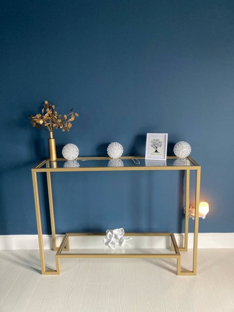 Customer photo review of Glass Metal Console Table Matte Gold Frame