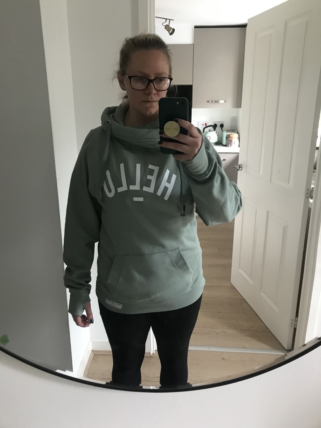 Customer photo review of Sage Hello Cowl Neck Hoodie