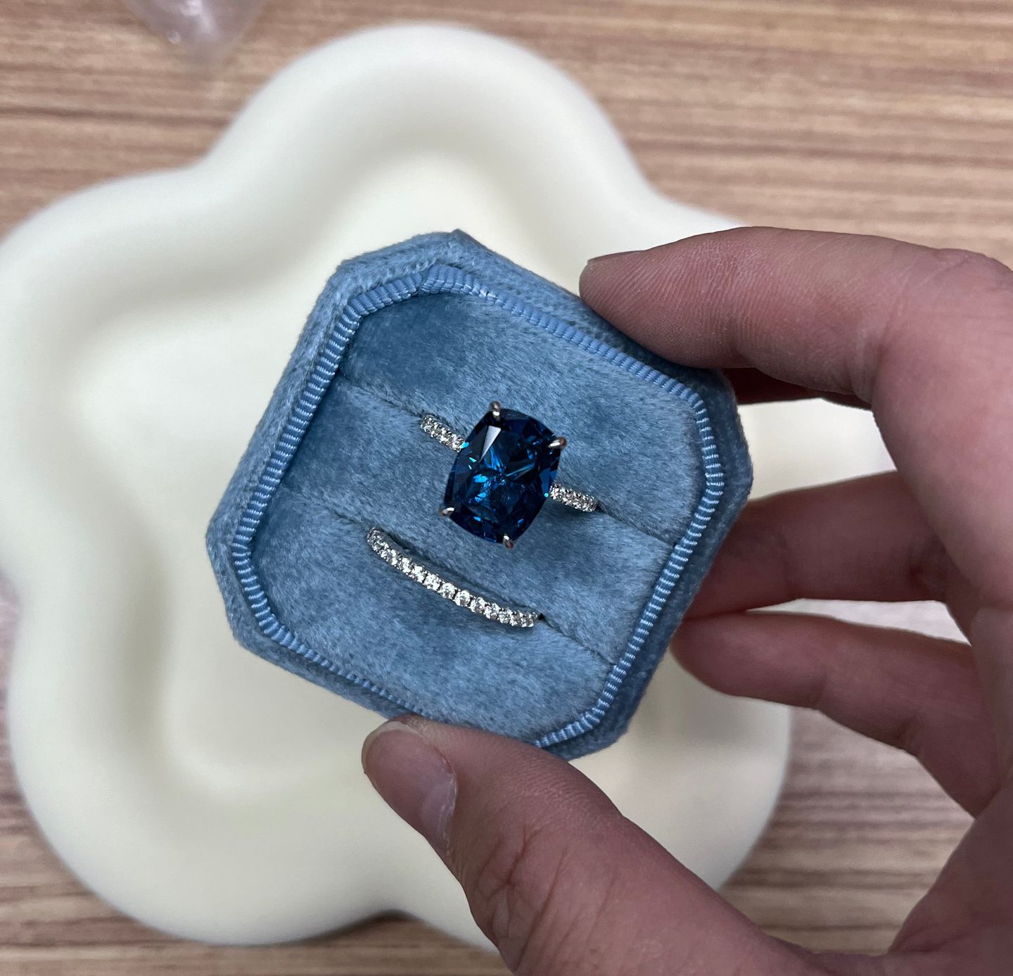 Customer photo review of S925 5 Ct Stunning Cushion Cut Montana Blue Sapphire Wedding Set In Sterling Silver