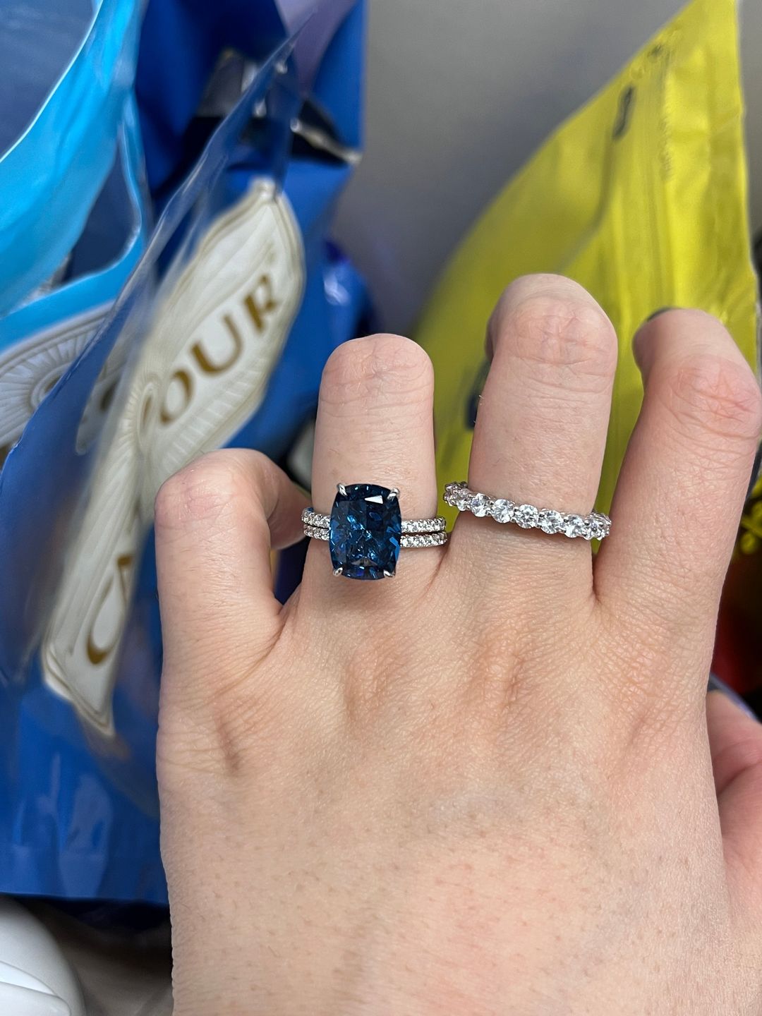 Customer photo review of S925 5 Ct Stunning Cushion Cut Montana Blue Sapphire Wedding Set In Sterling Silver