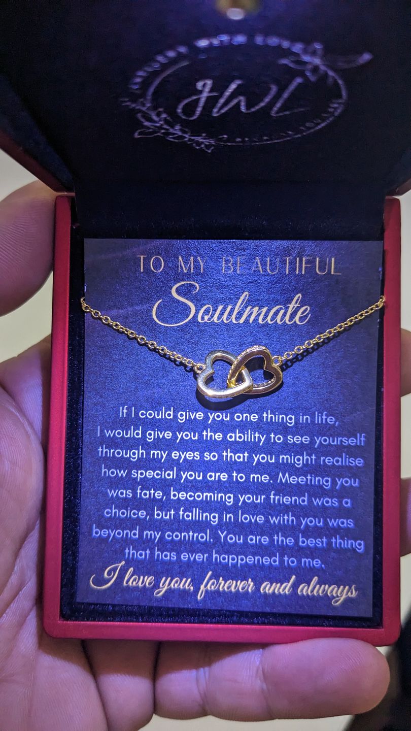 Customer photo review of To My Soulmate, 'Love Beyond My Control' Interlocking Gold Vermeil Hearts Necklace - ST14